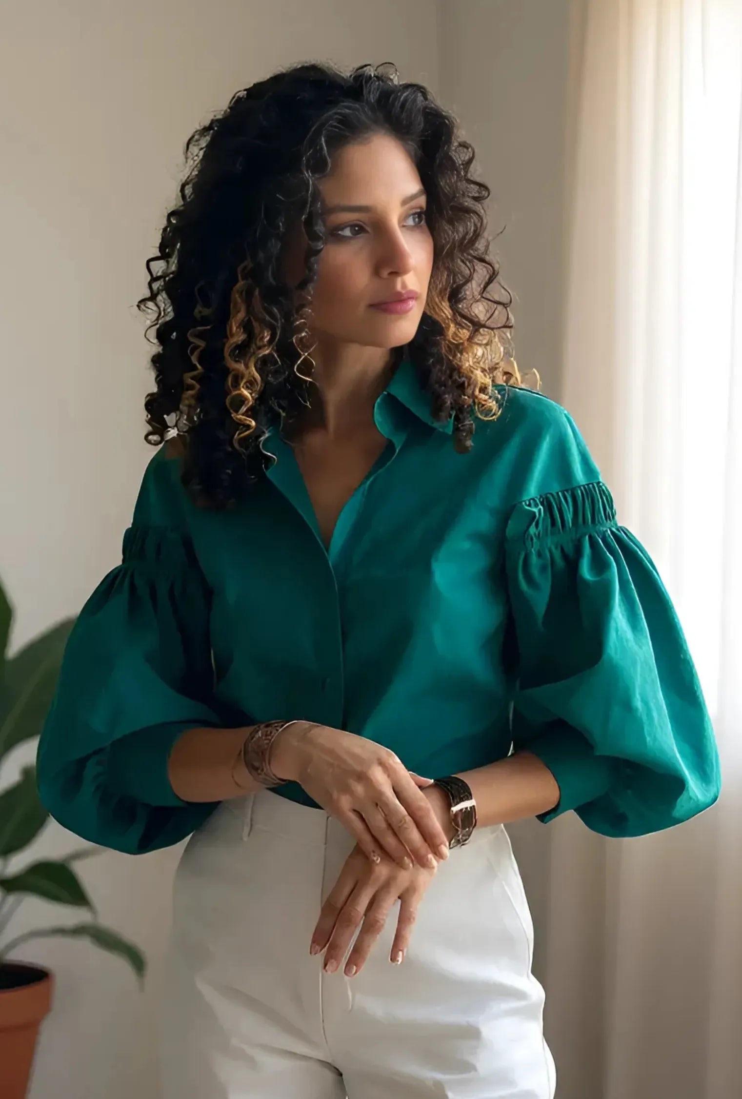 CAMISA SALMA MANGA GLOBO VERDE