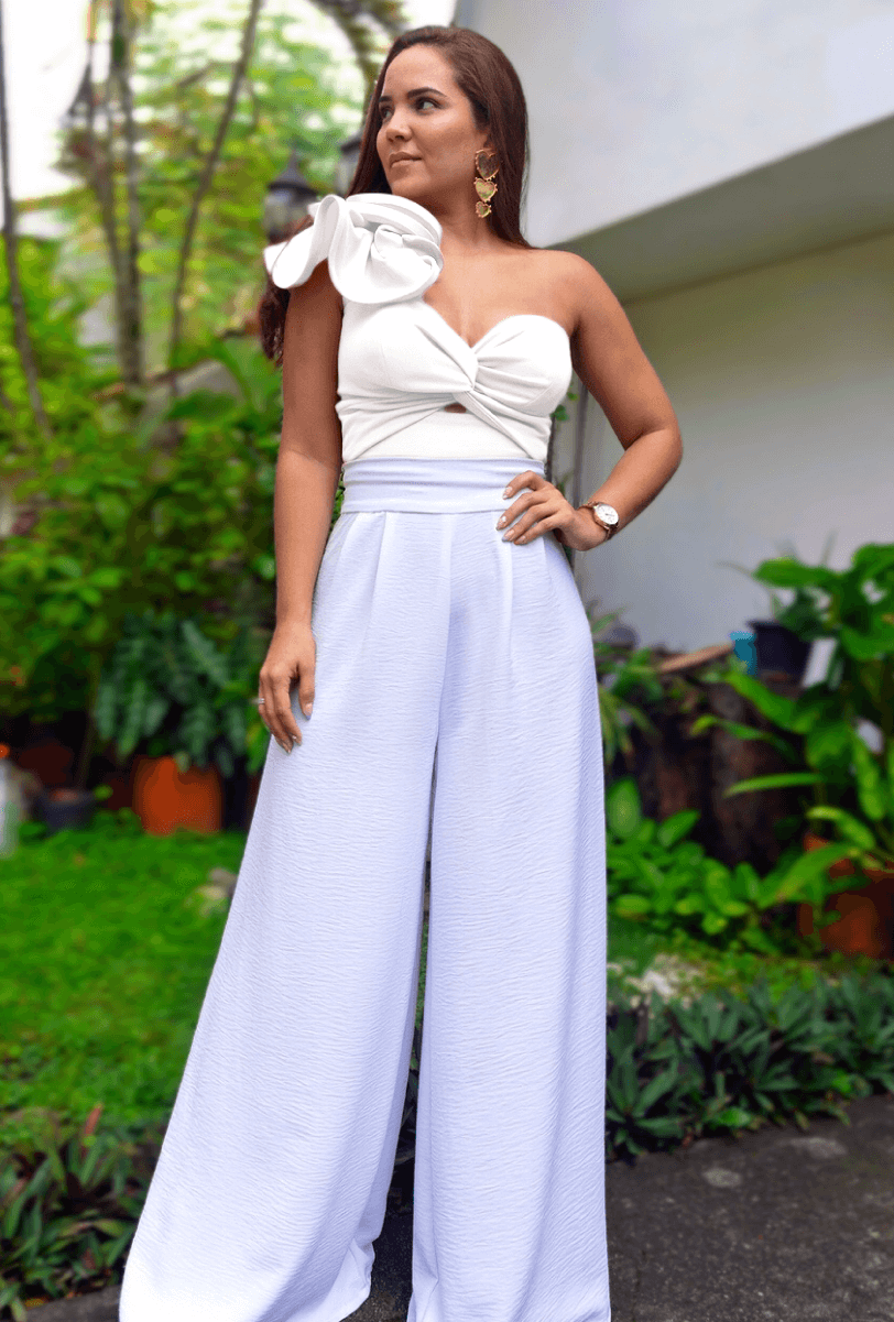 Set CropTop Violeta - Pantalón Palazzo (Blanco)