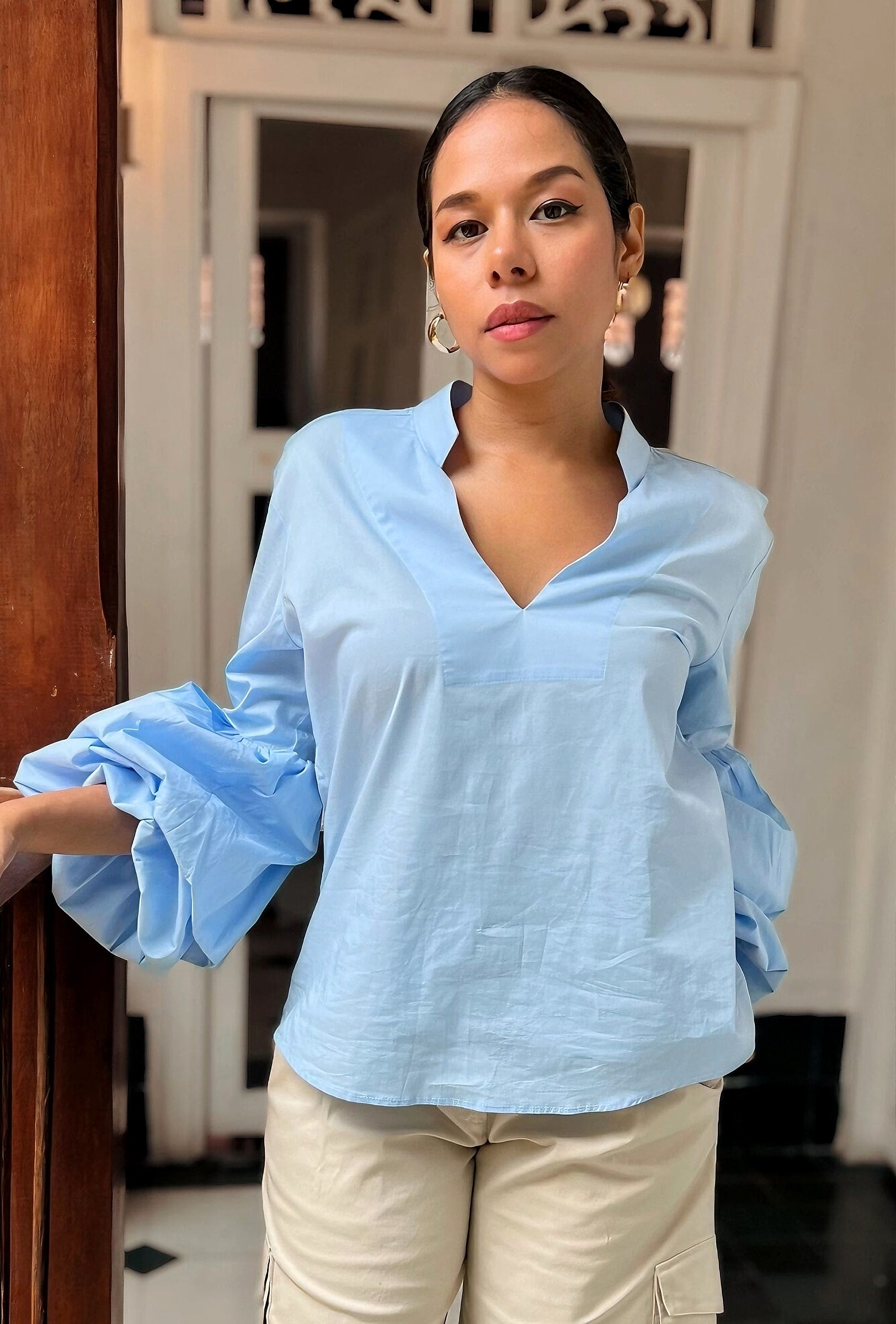 Camisa de Mujer Manga Globo Azúl