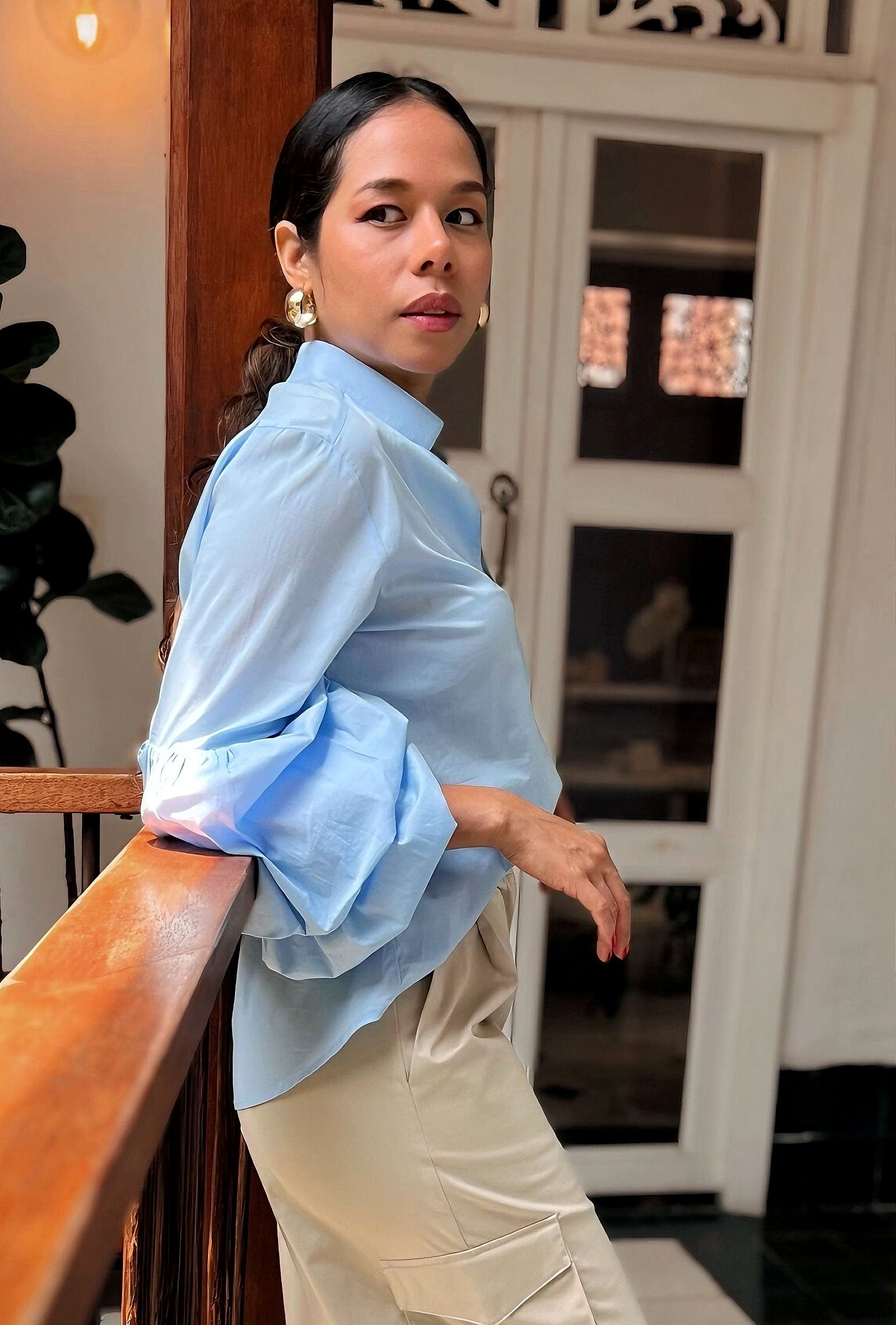 Camisa de Mujer Manga Globo Azúl