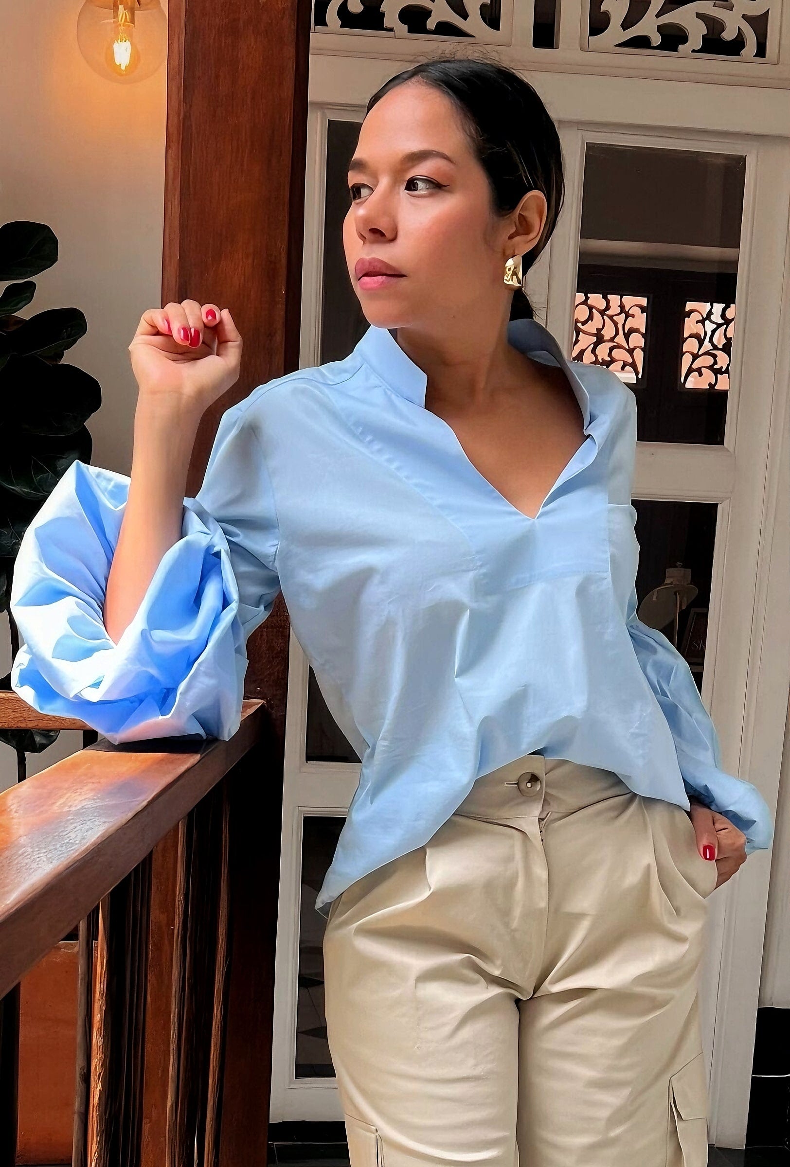 Camisa de Mujer Manga Globo Azúl