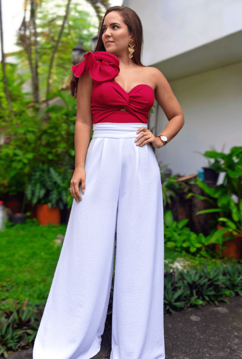 Set CropTop Violeta - Pantalón Palazzo (Rojo y Blanco)