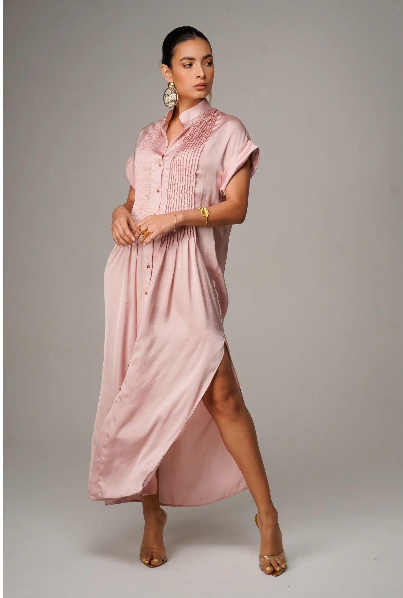 MAXI VESTIDO CON ALFORZAS PALO DE ROSA "DOLCE" | NUEVO