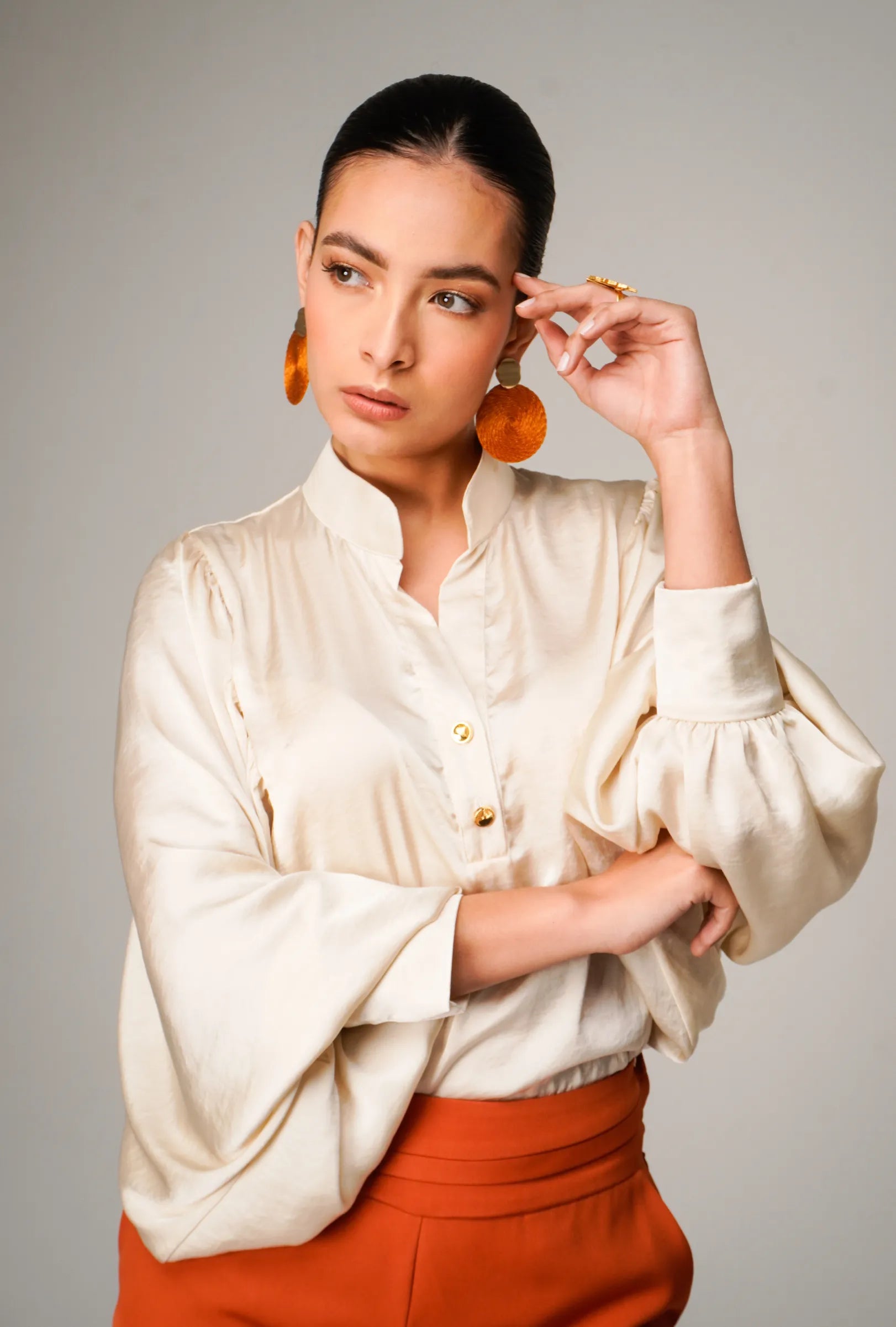 BLUSA FLUIDA EN SEDA CORRUGADA CHAMPAÑA "MILANO" | NUEVO