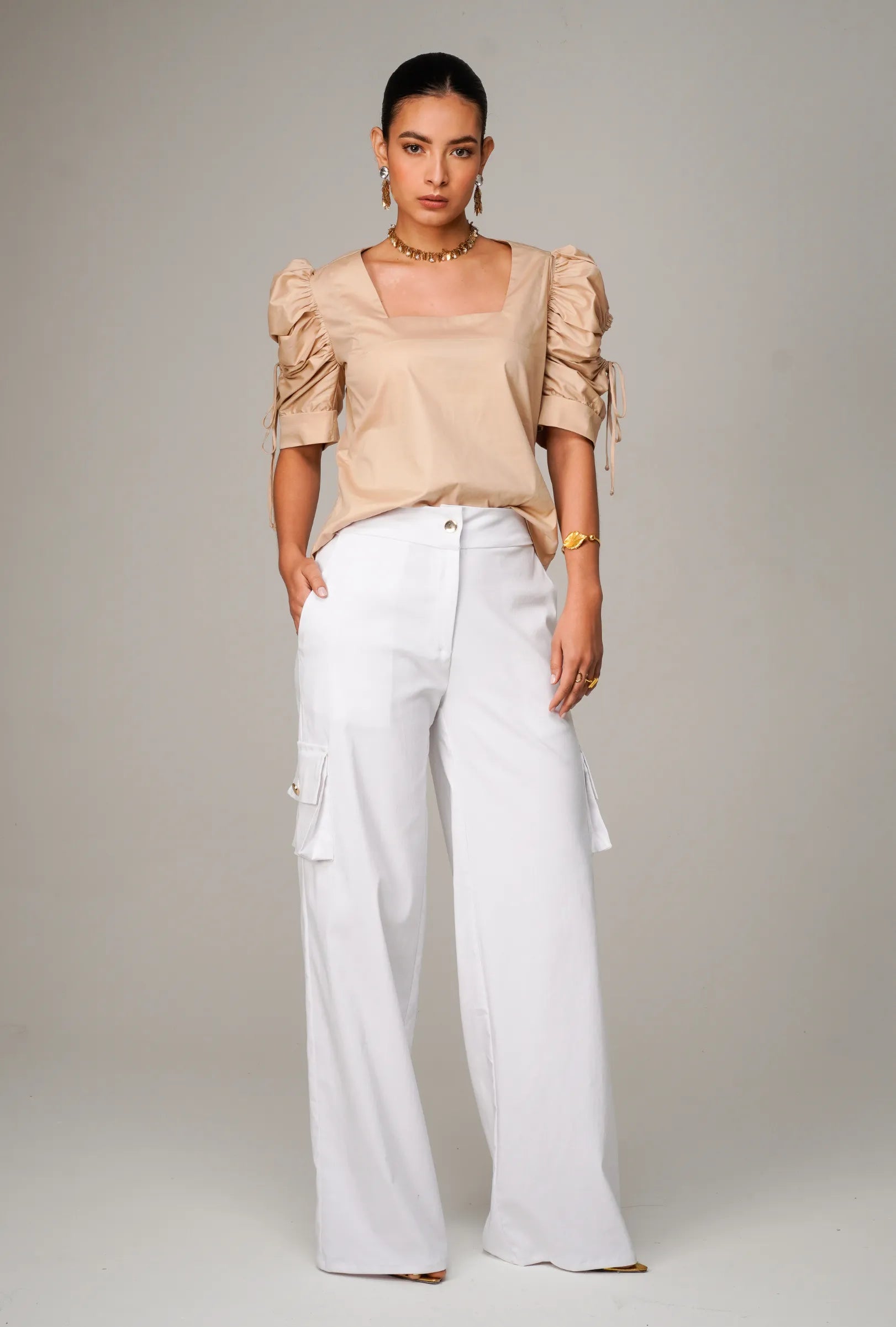 BLUSA ESCOTE CUADRADO COLOR CAQUI "TOSCANA" | NUEVO