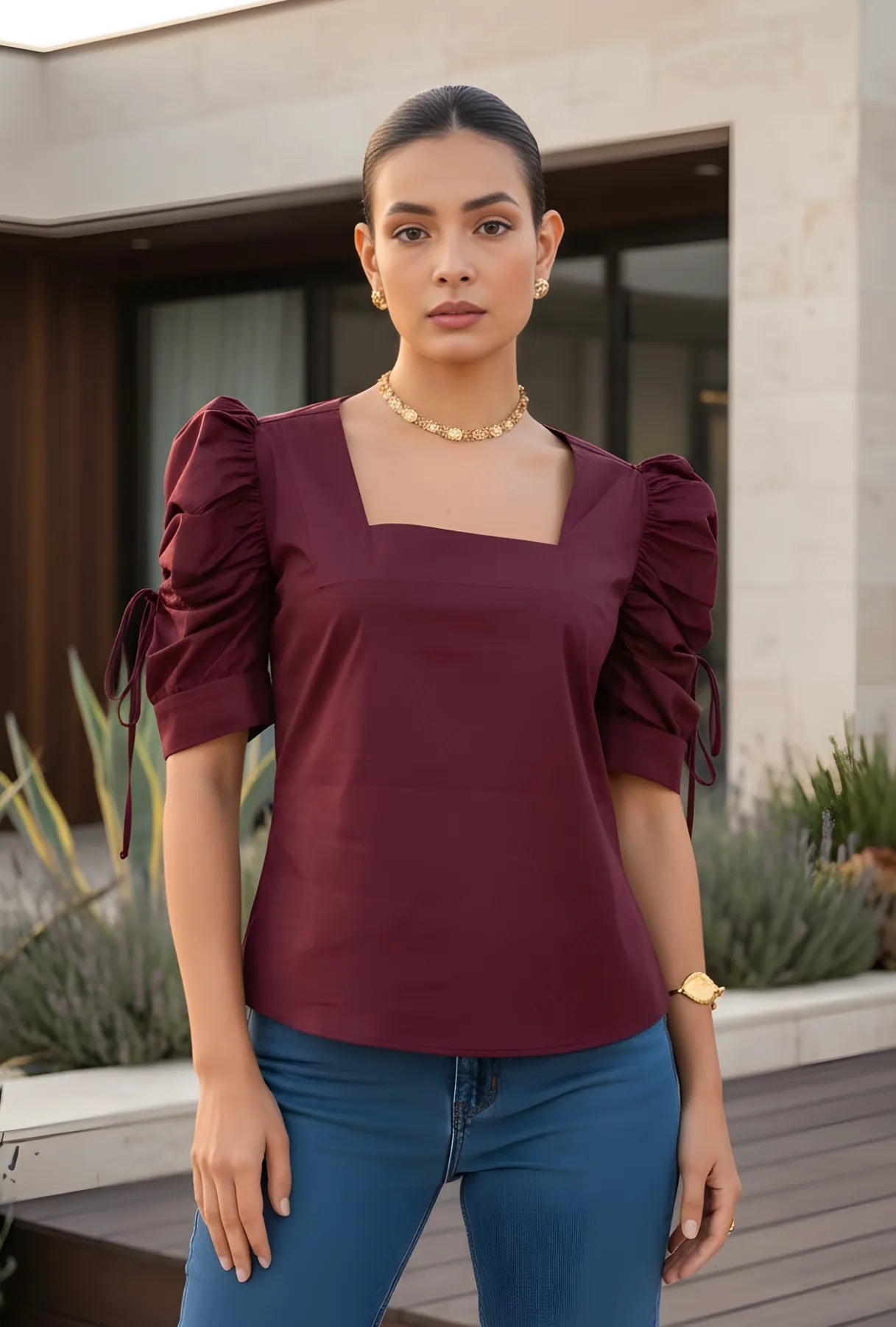 BLUSA "TOSCANA" ESCOTE CUADRADO COLOR VINOTINTO