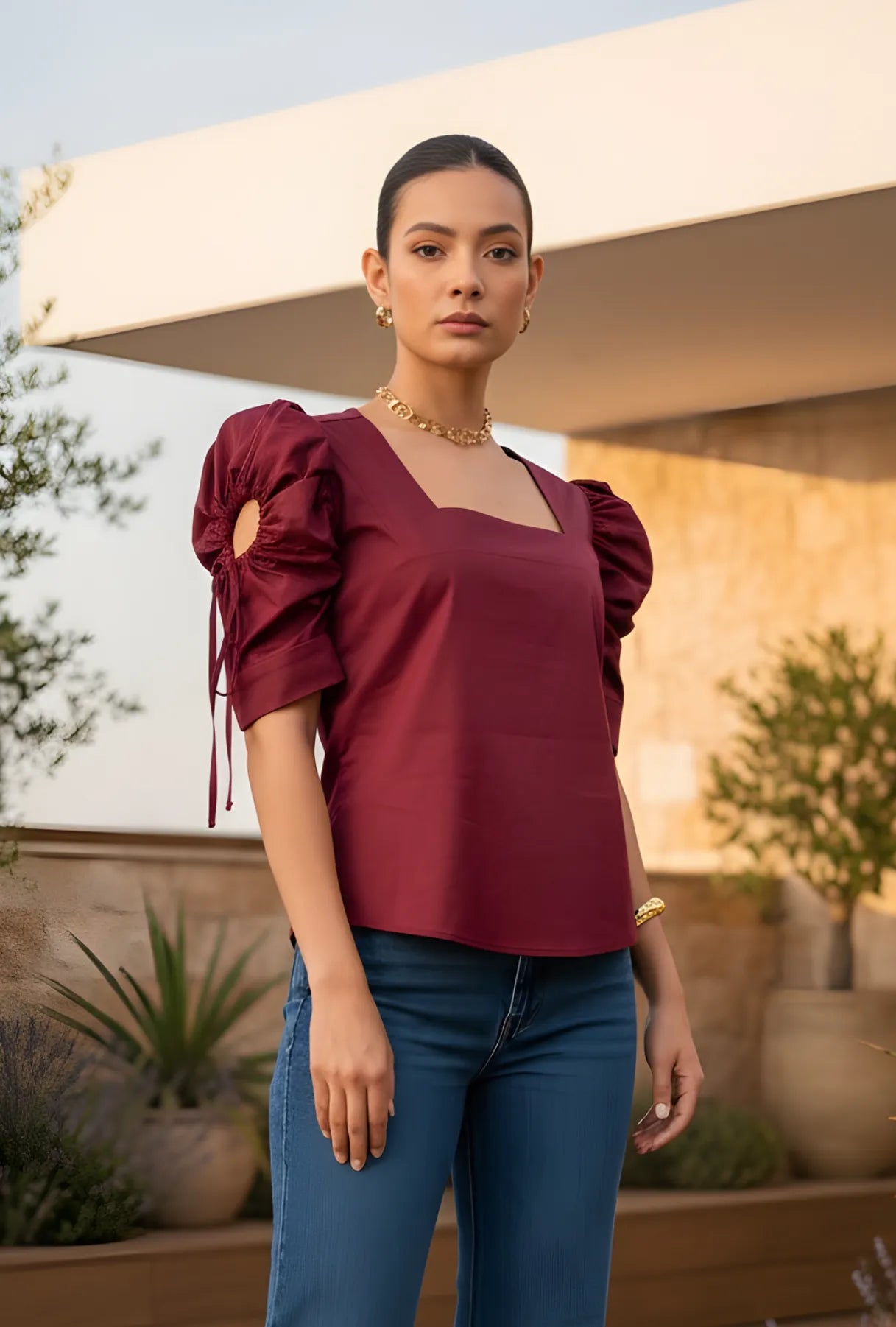 BLUSA "TOSCANA" ESCOTE CUADRADO COLOR VINOTINTO