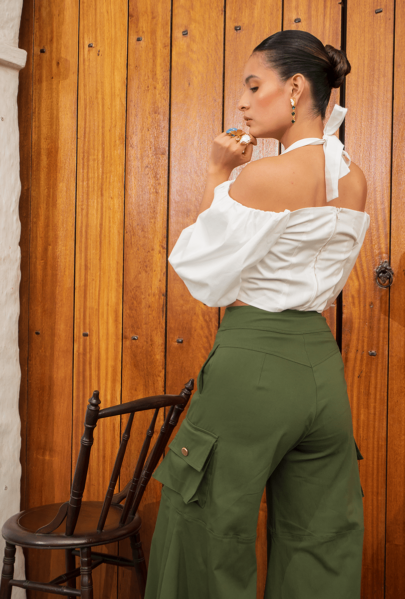 PANTALÓN BOTA ANCHA "FLOR DE LOTO" VERDE MILITAR