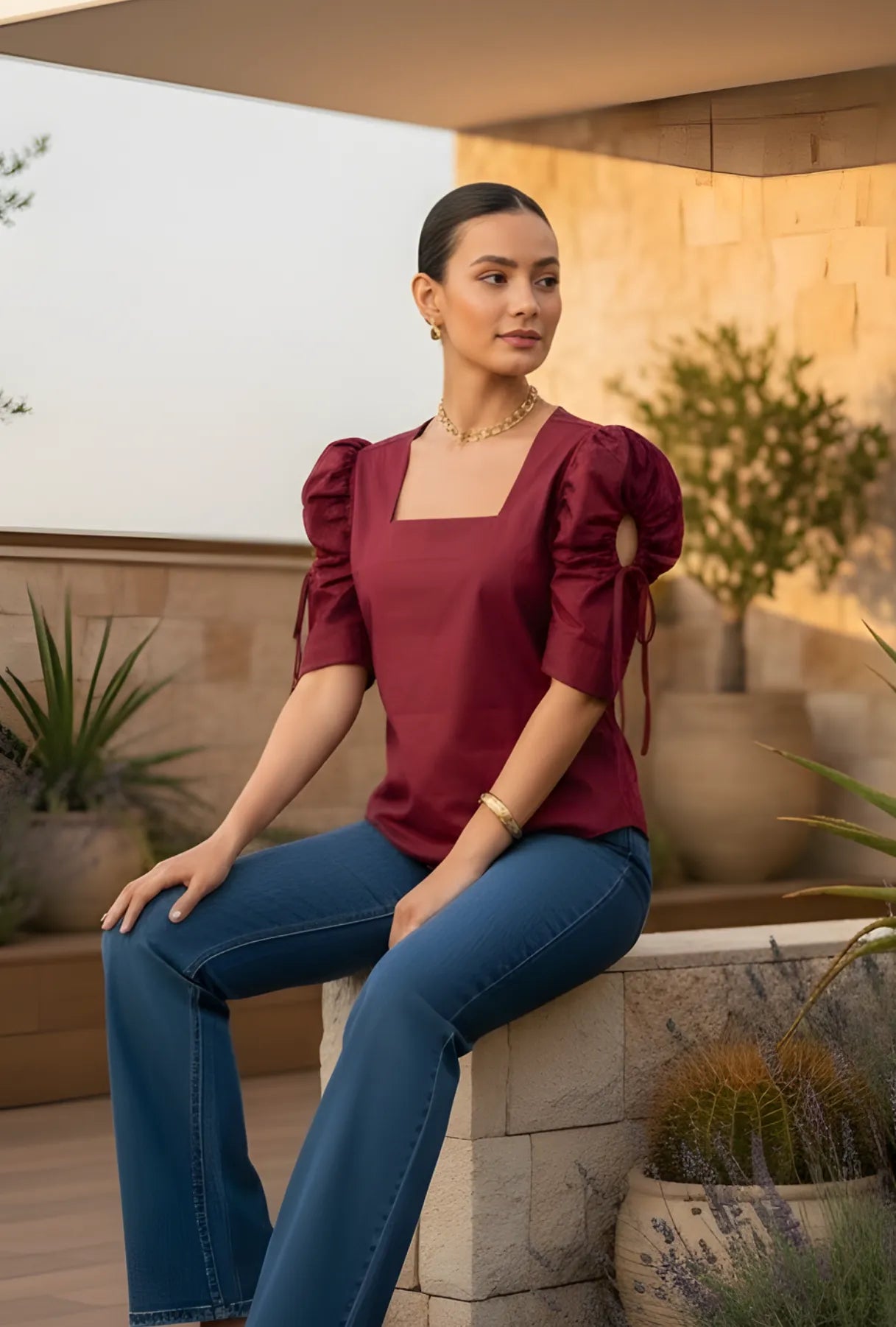 BLUSA "TOSCANA" ESCOTE CUADRADO COLOR VINOTINTO