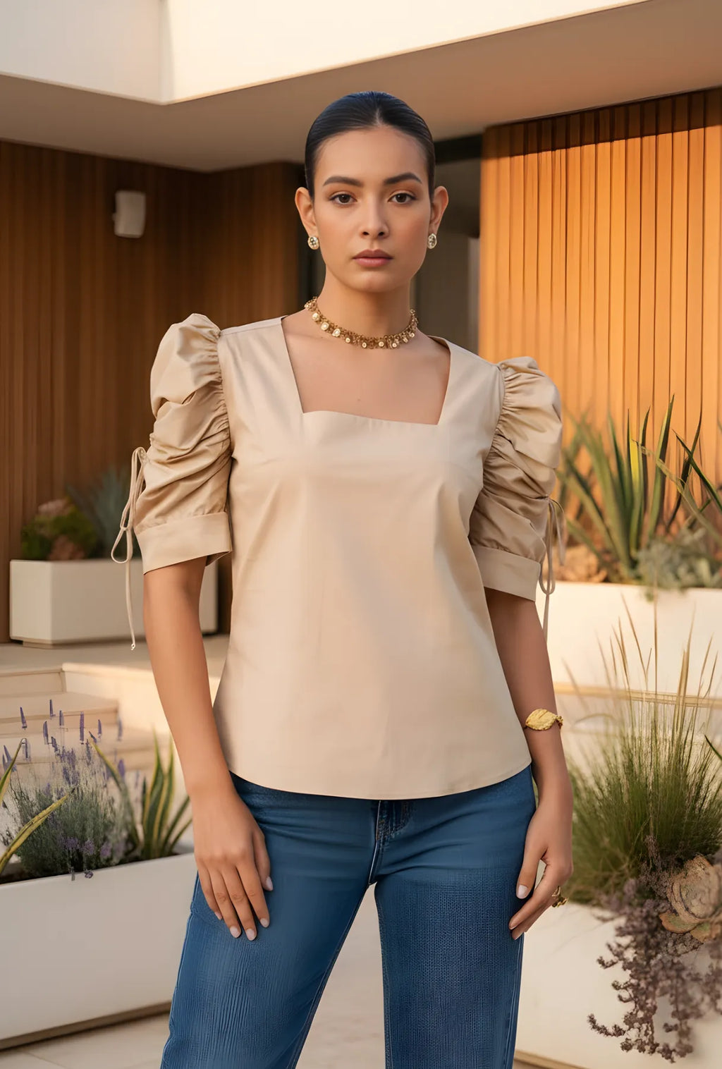 BLUSA "TOSCANA" ESCOTE CUADRADO COLOR CAQUI | NUEVO