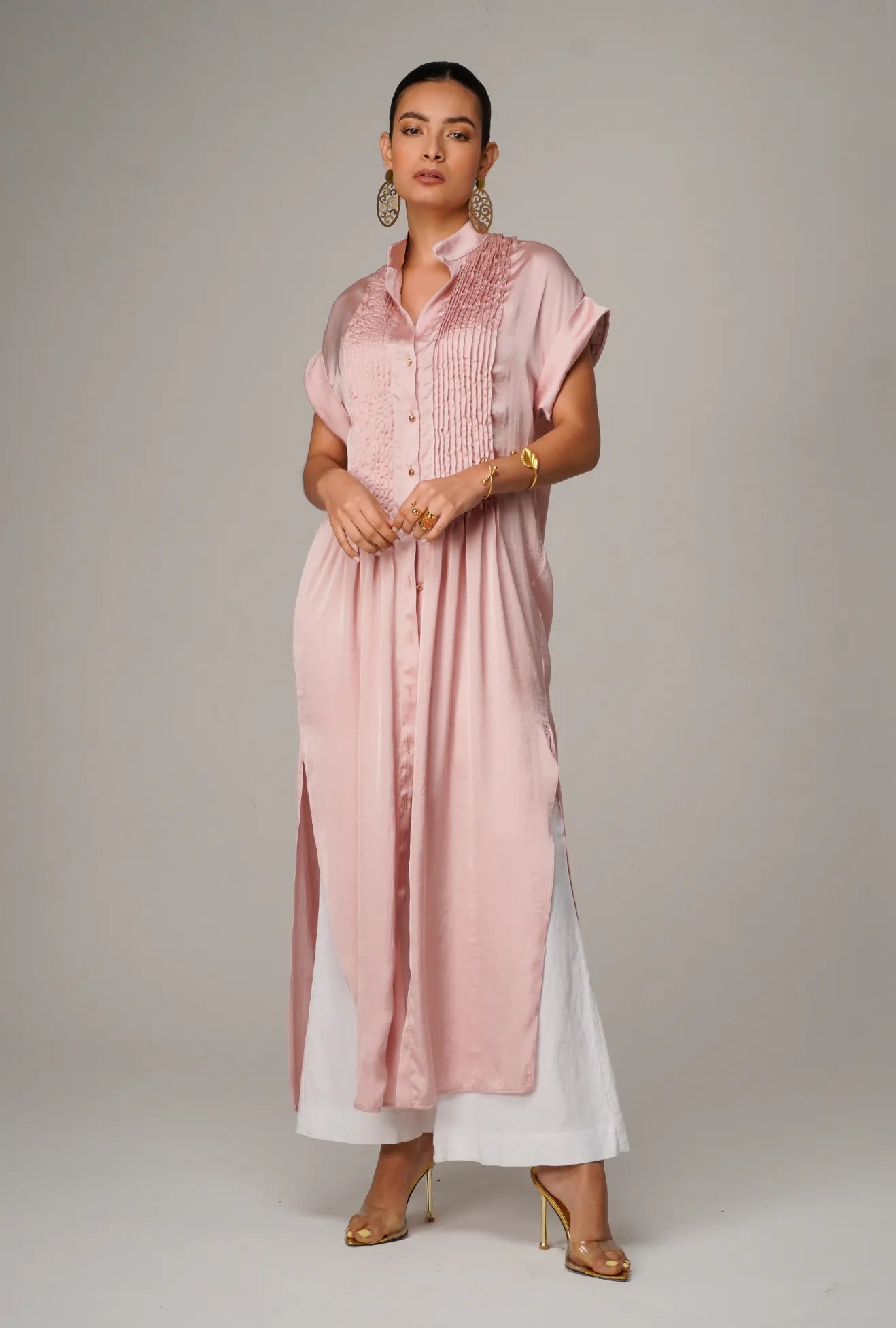 MAXI VESTIDO CON ALFORZAS PALO DE ROSA "DOLCE" | NUEVO