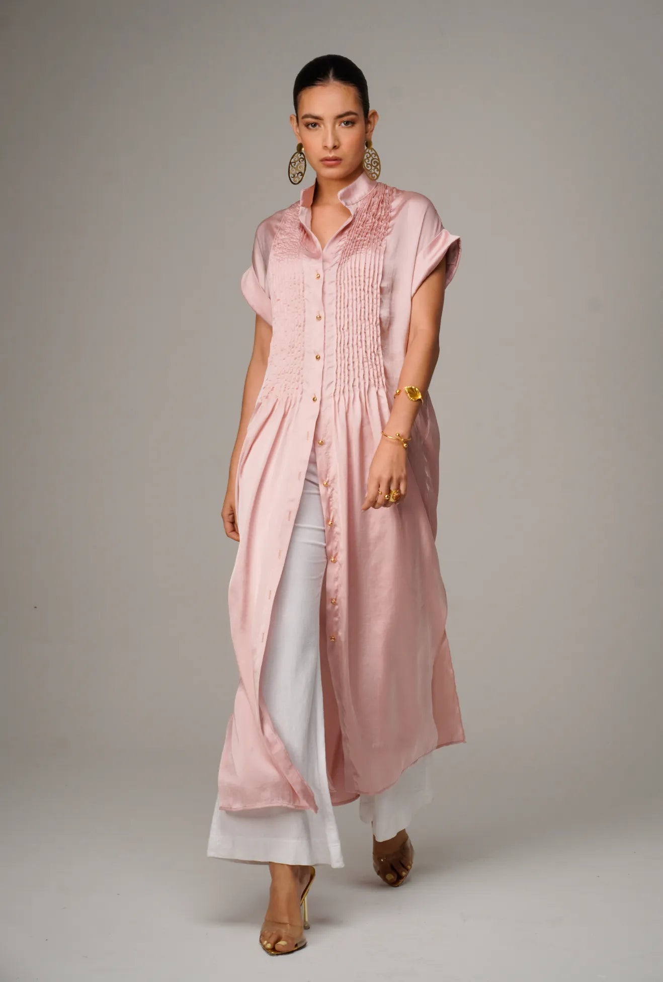 MAXI VESTIDO CON ALFORZAS PALO DE ROSA "DOLCE" | NUEVO