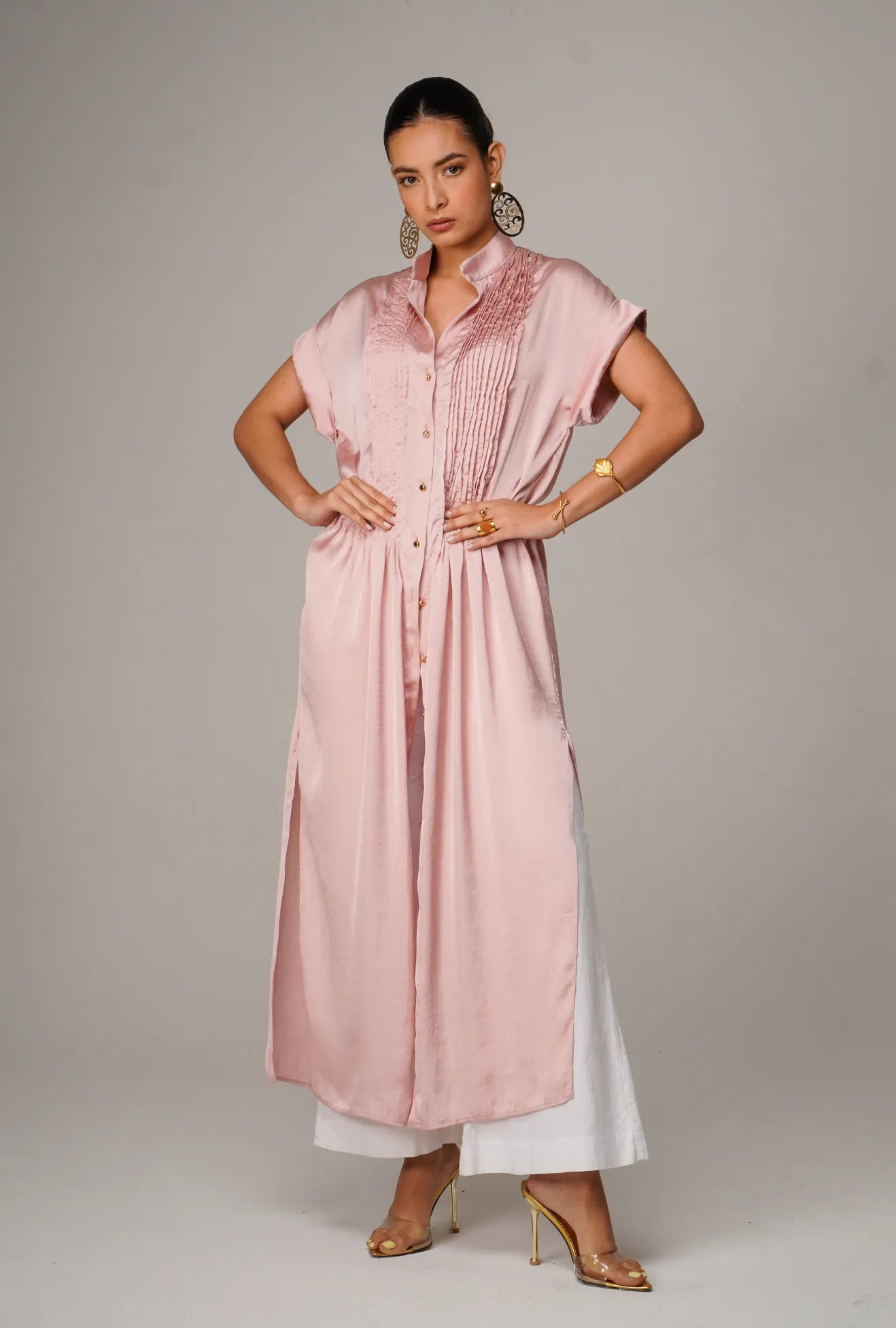 MAXI VESTIDO CON ALFORZAS PALO DE ROSA "DOLCE" | NUEVO
