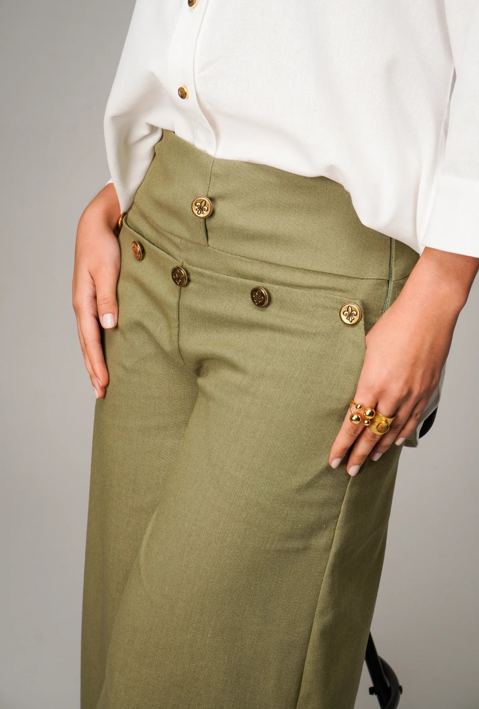 PANTALÓN "SALINA" PALAZZO DE LINO COLOR VERDE MILITAR | NUEVO