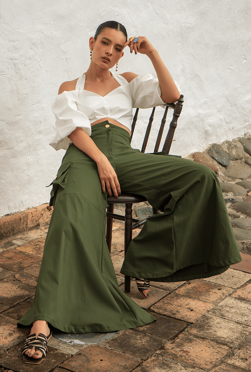 PANTALÓN BOTA ANCHA "FLOR DE LOTO" VERDE MILITAR
