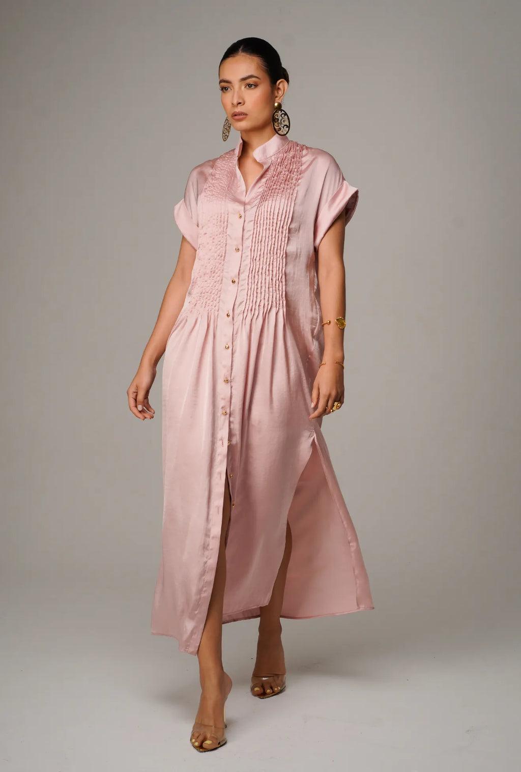 MAXI VESTIDO CON ALFORZAS PALO DE ROSA "DOLCE" | NUEVO