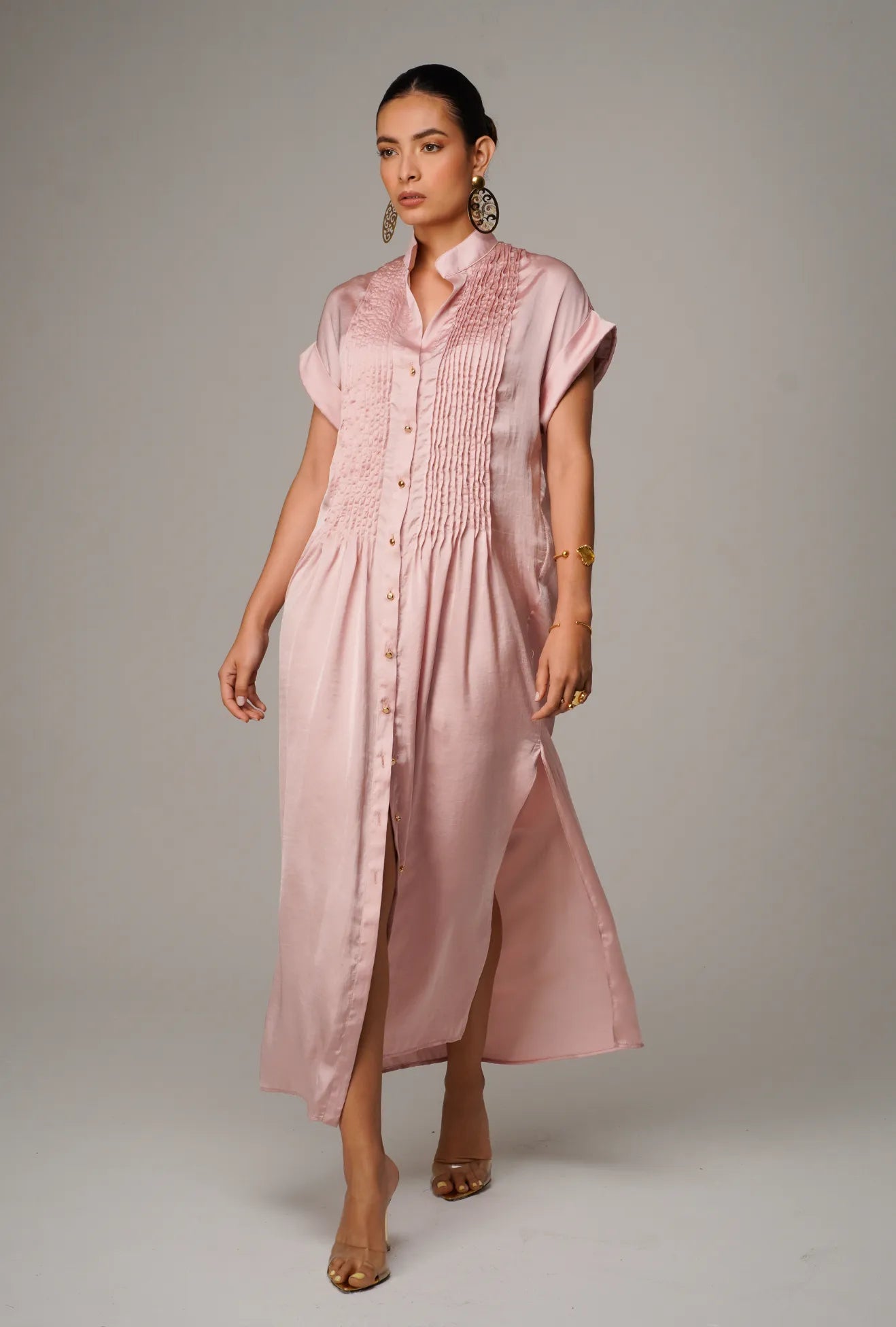 MAXI VESTIDO CON ALFORZAS PALO DE ROSA "DOLCE" | NUEVO