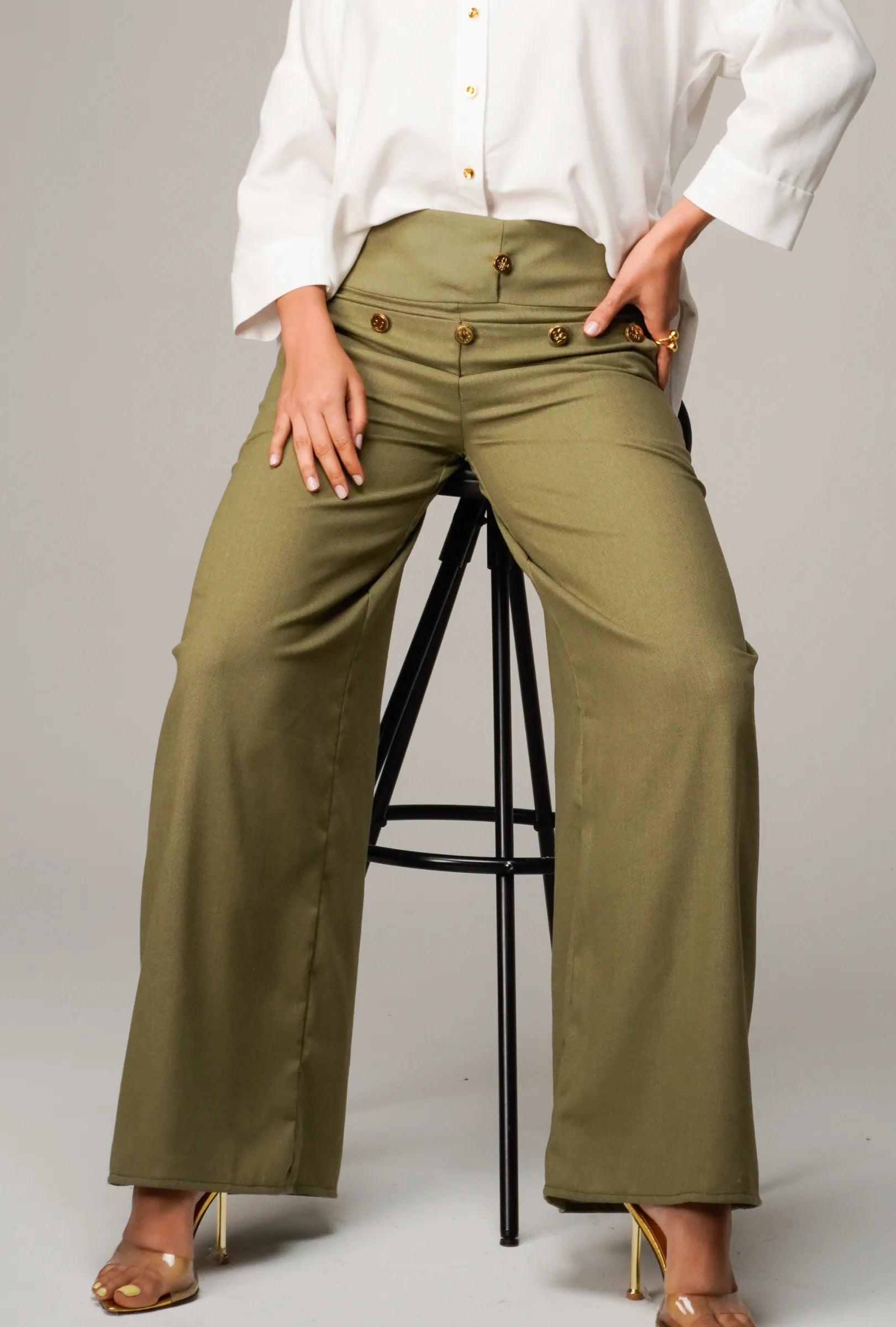 PANTALÓN "SALINA" PALAZZO DE LINO COLOR VERDE MILITAR | NUEVO