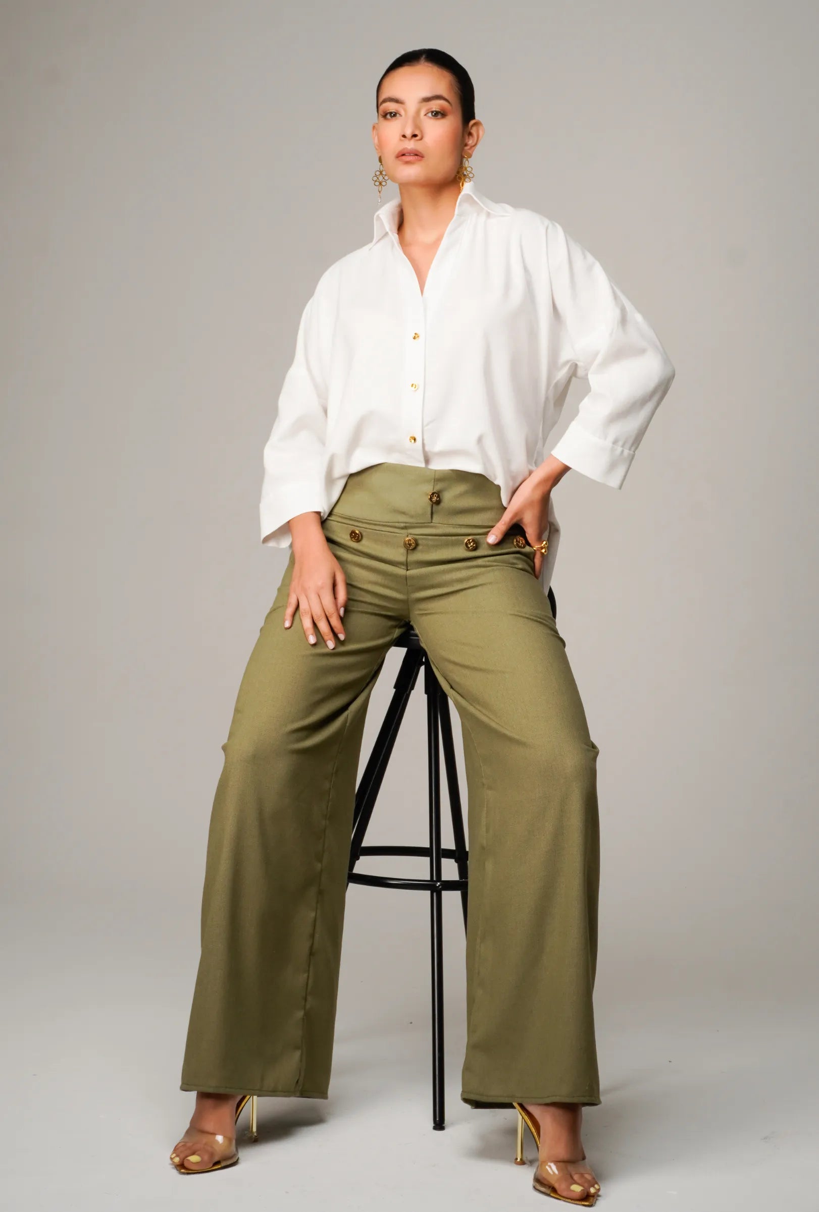 PANTALÓN "SALINA" PALAZZO DE LINO COLOR VERDE MILITAR | NUEVO