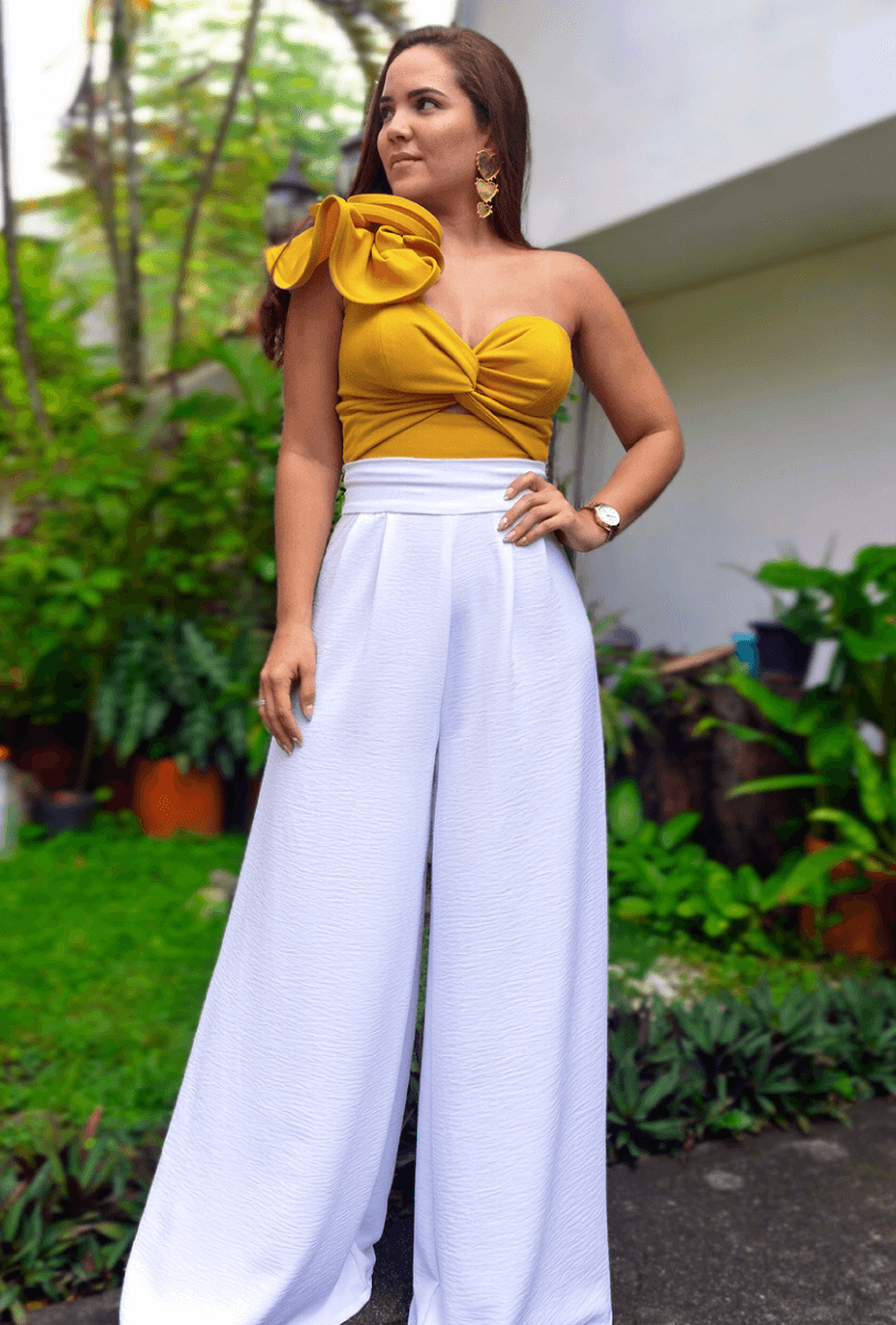 Set CropTop Violeta - Pantalón Palazzo (Mostaza - Blanco)