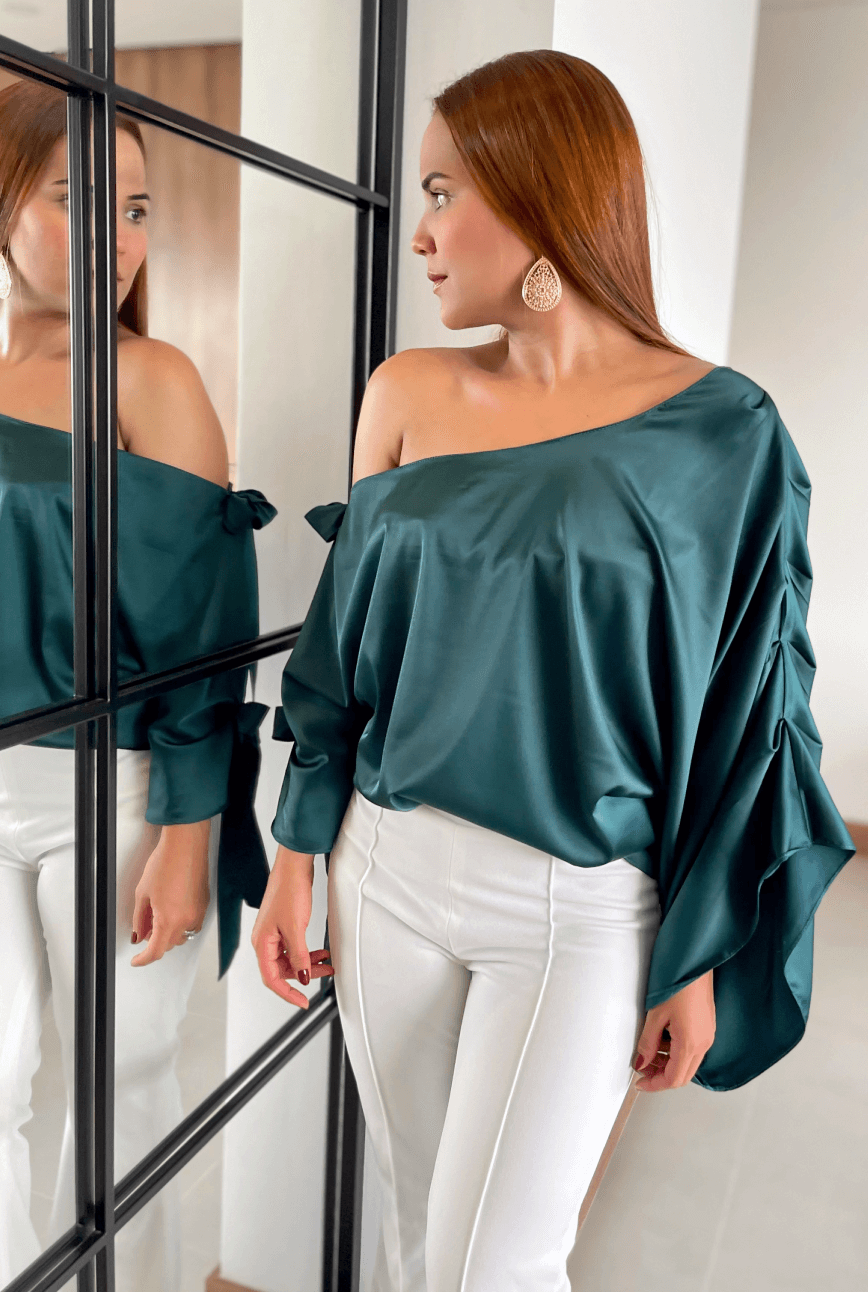 Set Blusón Alana - Pantalón Celestine (Verde Petroleo - Crudo)