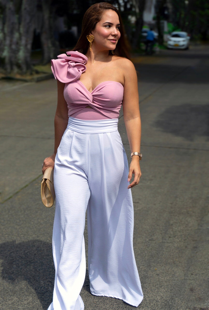 Set CropTop Violeta - Pantalón Palazzo (Palo de Rosa - Blanco)