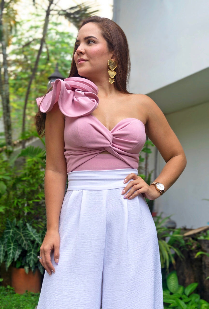 Set CropTop Violeta - Pantalón Palazzo (Palo de Rosa - Blanco)